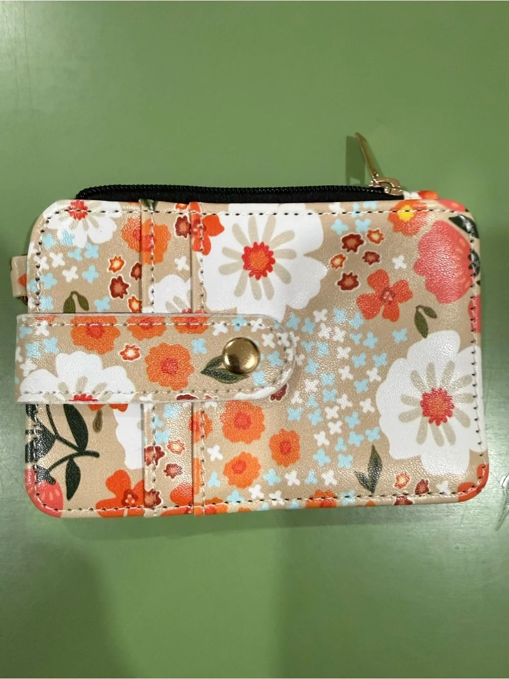 Floral Snap Card Wallet - Beige with Orange and White Flowers